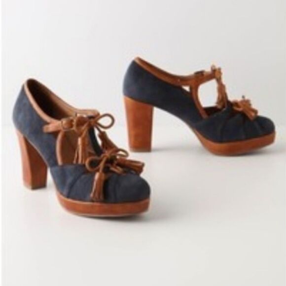ANTHROPOLOGIE shoes Miss Albright land &‎ sea navy blue suede heels 9.5 - Picture 1 of 8